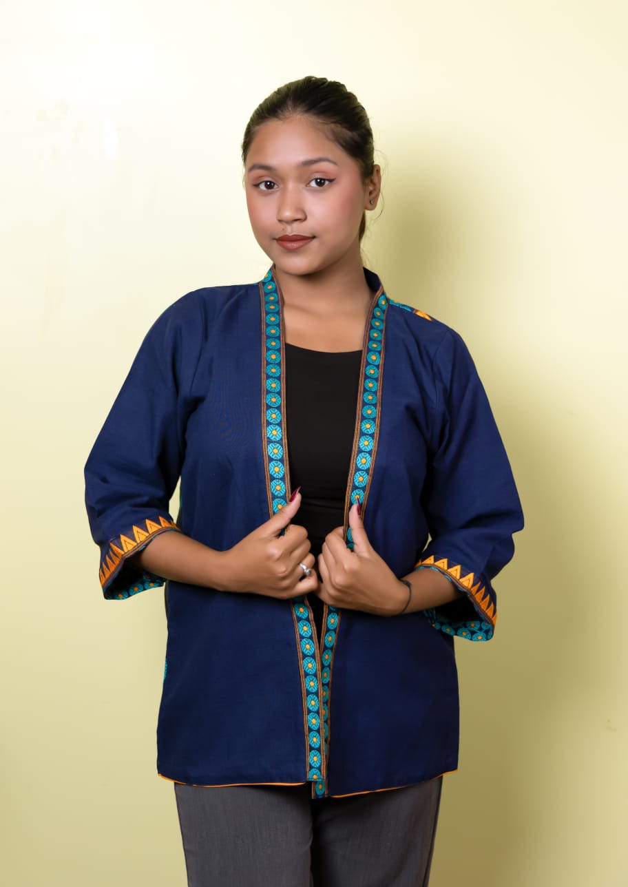 Navy Blue Shrug with Assamese traditional motifs.